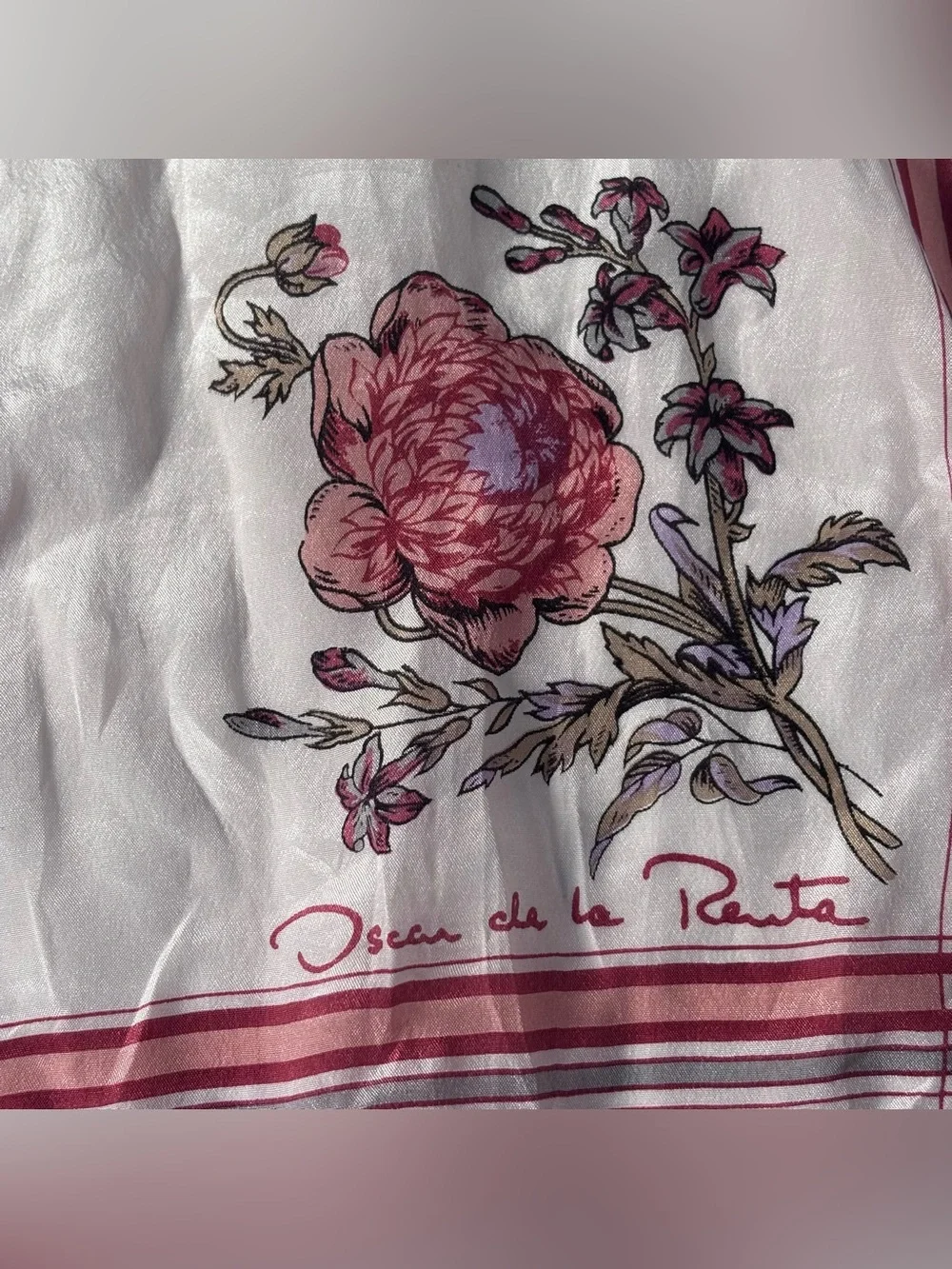 Oscar de la Renta Cream and Rose-Red Floral Stripe Scarf